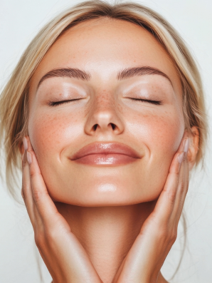 Eyes-closed self-care moment highlighting ABBI Immortal Flower Petals oil for radiant hydration. Glowy rested complexion illustrating ABBI oil that soothes, detoxifies, and revitalizes skin.