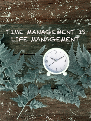 Clock over leaves symbolizes caregiver planning: set boundaries, save time, and protect energy for balance.