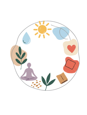 Calming self-care illustration featuring gentle icons — a meditating figure, sun, leaves, heart, water droplet, and cozy objects — symbolizing balance, mindfulness, and daily caregiver wellness.