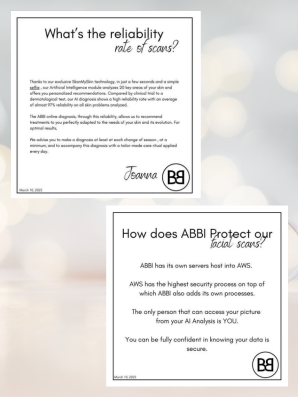 Two ABBI graphics on a soft beige background. The first highlights the reliability of ABBI’s AI Skin Skan, and the second explains how facial scans are securely protected using AWS and user-only access. Both include the ABBI logo.