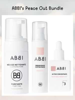 Peace Out, Redness Simple Solution Bundle by ABBI featuring a soothing honey and shea butter cream base, Active Concentrate No. 3 for sensitivity, and a gentle purifying cleansing foam designed to calm redness and inflammation.