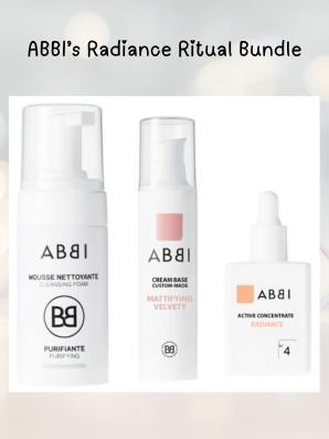 Radiance Ritual Simple Solution Bundle by ABBI featuring a mattifying velvety cream, Active Concentrate No. 4 Radiance with Vitamin C, and a purifying cleansing foam designed to restore glow and improve skin tone.