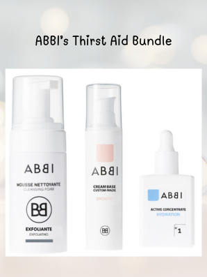 ABBI Thirst Aid Kit featuring Hydration Active Concentrate No. 1, Exfoliating Cleansing Foam, and Smooth Honey & Shea Butter Cream, designed to hydrate, soothe, and restore dry or dehydrated skin.