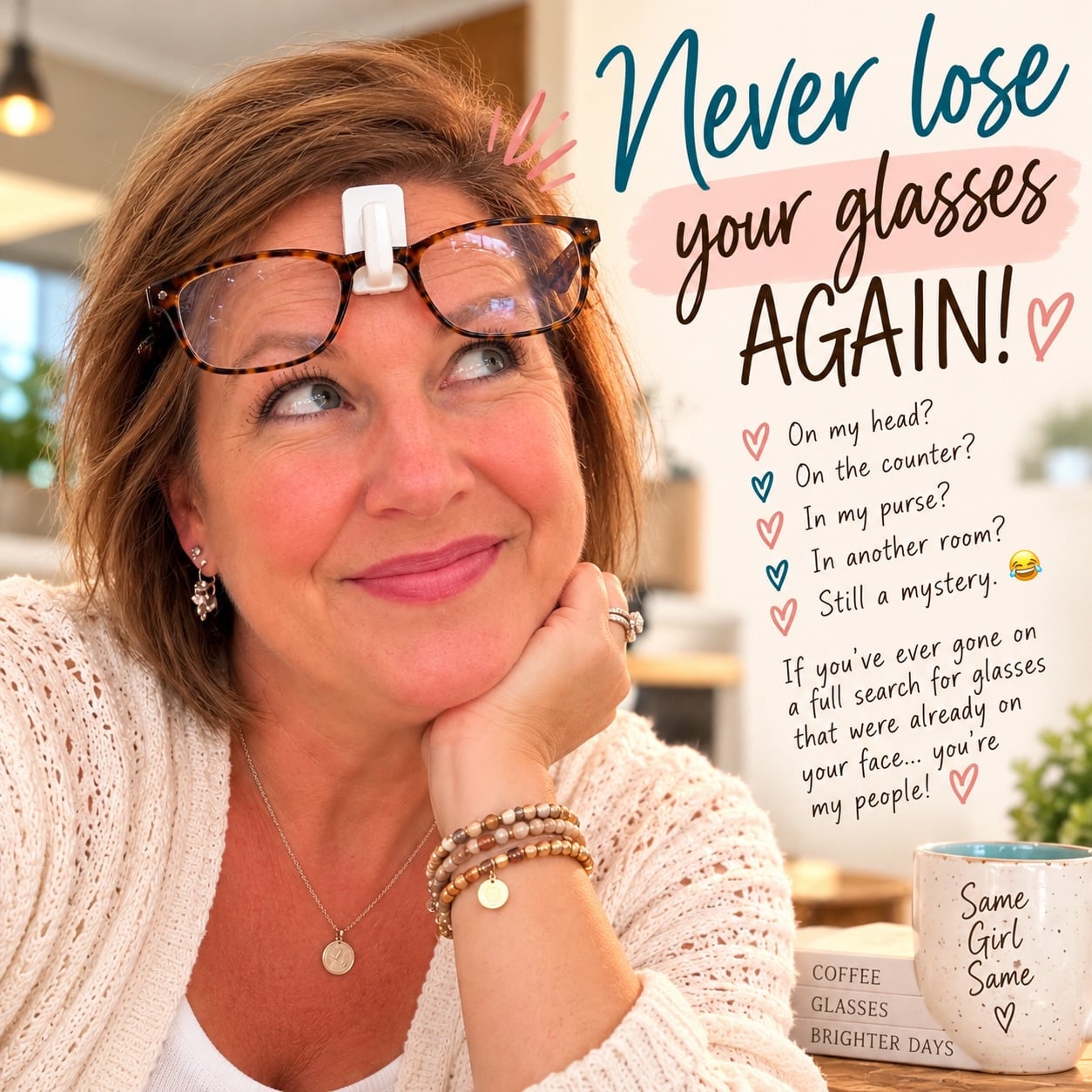 😂 WELL, THIS IS BRILLIANT! 🤓

Can we talk about one of life’s greatest mysteries?

WHERE. ARE. MY. GLASSES?! 👓😂

On my head? In my purse? On the kitchen counter? In the room I just walked out of… and now can’t remember why I went in there in the first place?

And my personal favorite? Searching for my glasses WHILE I’M WEARING THEM! 🤦‍♀️

Accurate? 😂

Apparently, someone has finally come up with a solution for those of us who spend entirely too much time playing hide-and-seek with our own eyewear.

I’m not saying I’m ready to attach my glasses to my forehead… but I’m also not saying I wouldn’t consider it. 🤣

Please tell me I’m not alone in this!

Where’s the funniest place you’ve ever found your glasses?

Because I KNOW my people are out there! 💜😂